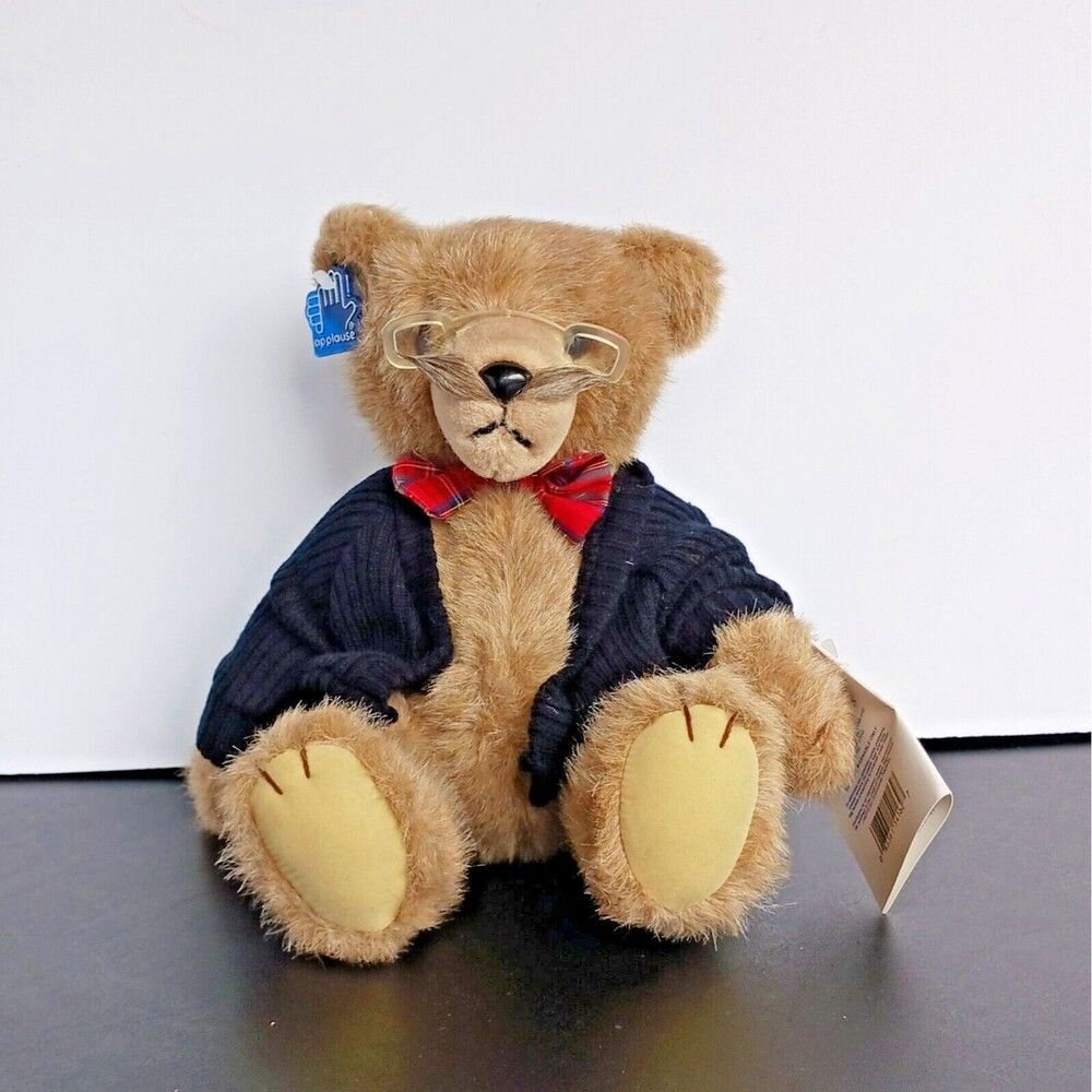 Applause World Class Dad Bear Mustache Glasses Jointed Plush Bow Cardigan